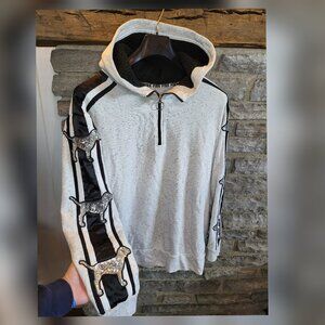 Victoria Secret Pink Bling Sequin Logo Dog Hooded Pullover 1/4 Zip Gray Black LG